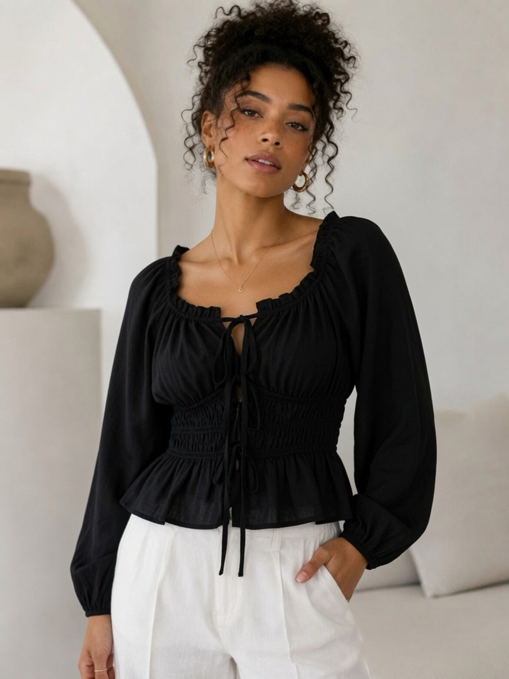 Black Peasant Blouse - Classic Smocked Waist Top